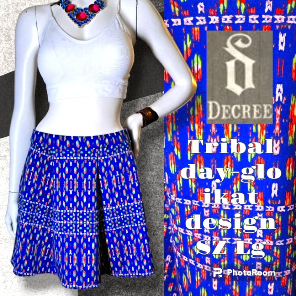 DECREE Scuba Skater Skirt Blue Batik Ikat Day Glo Geometric Patterns Sz Large